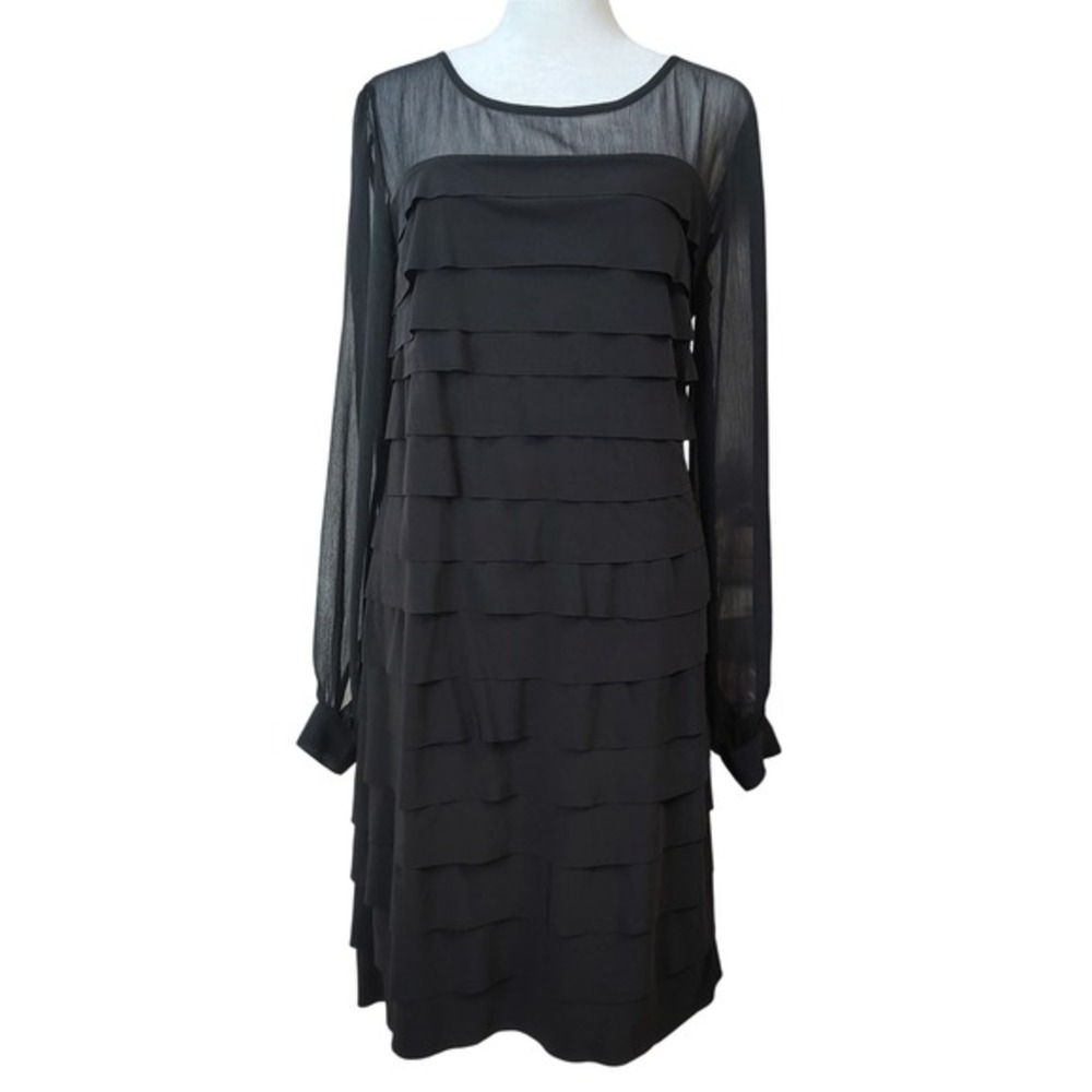 London Times Black Layered Ruffle Dress‎ Size 8 Long Sleeve Sheer Panel Party